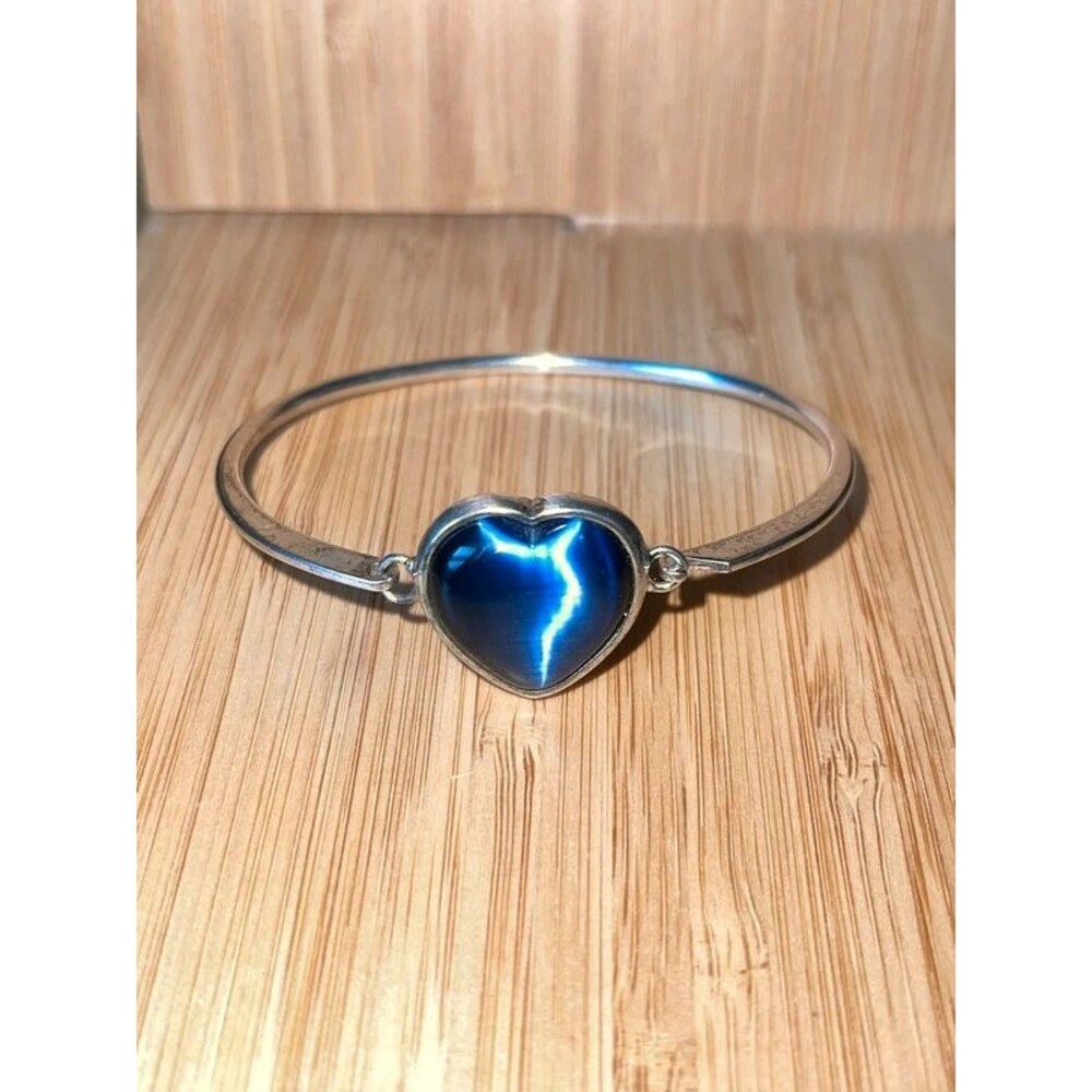Vintage Blue Heart Stone Bangle Bracelet with Hook Closure size 6"-7.5"